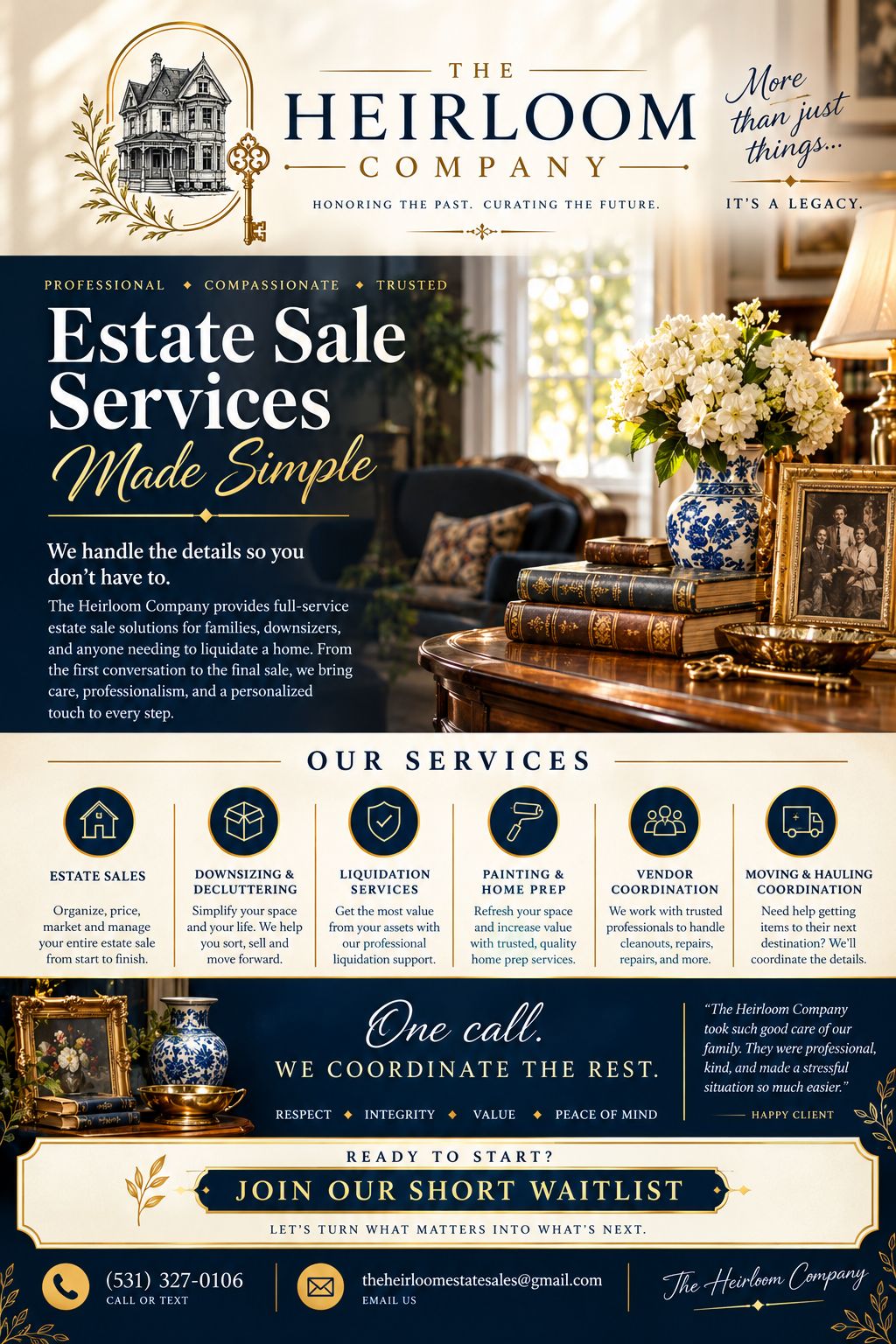 The Heirloom Company Estate Services brand flyer — Lincoln and SE Nebraska estate sales